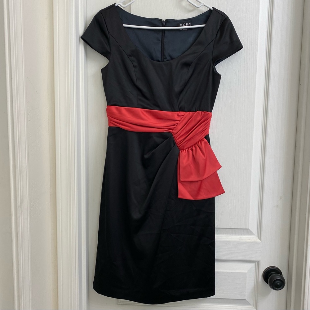 Vintage BCBG Paris Black Satin Cocktail Dress Red Sash Y2K Size 4 EUC